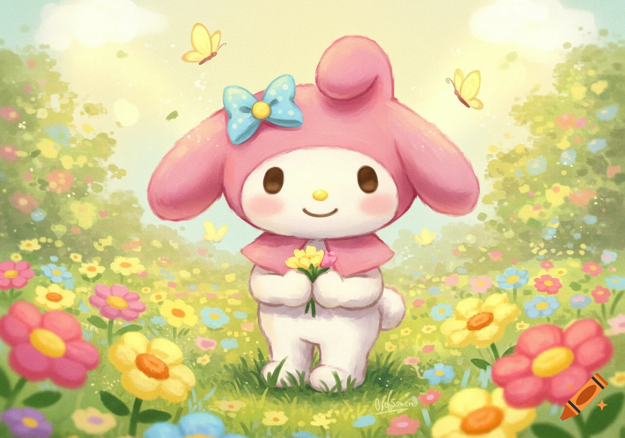 My Melody cartoon character holding flowers in a sunny field with butterflies, illustration.