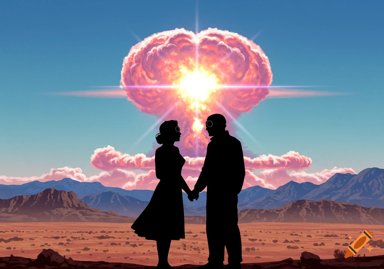Silhouette of a couple holding hands in a desert, watching a nuclear explosion.