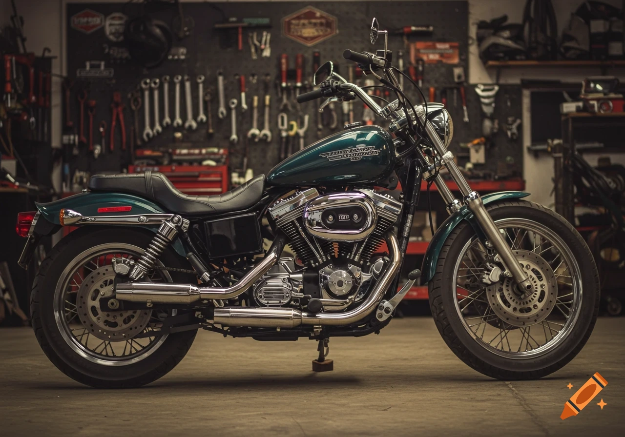 Green motorcycle parked in a garage with tools on the wall