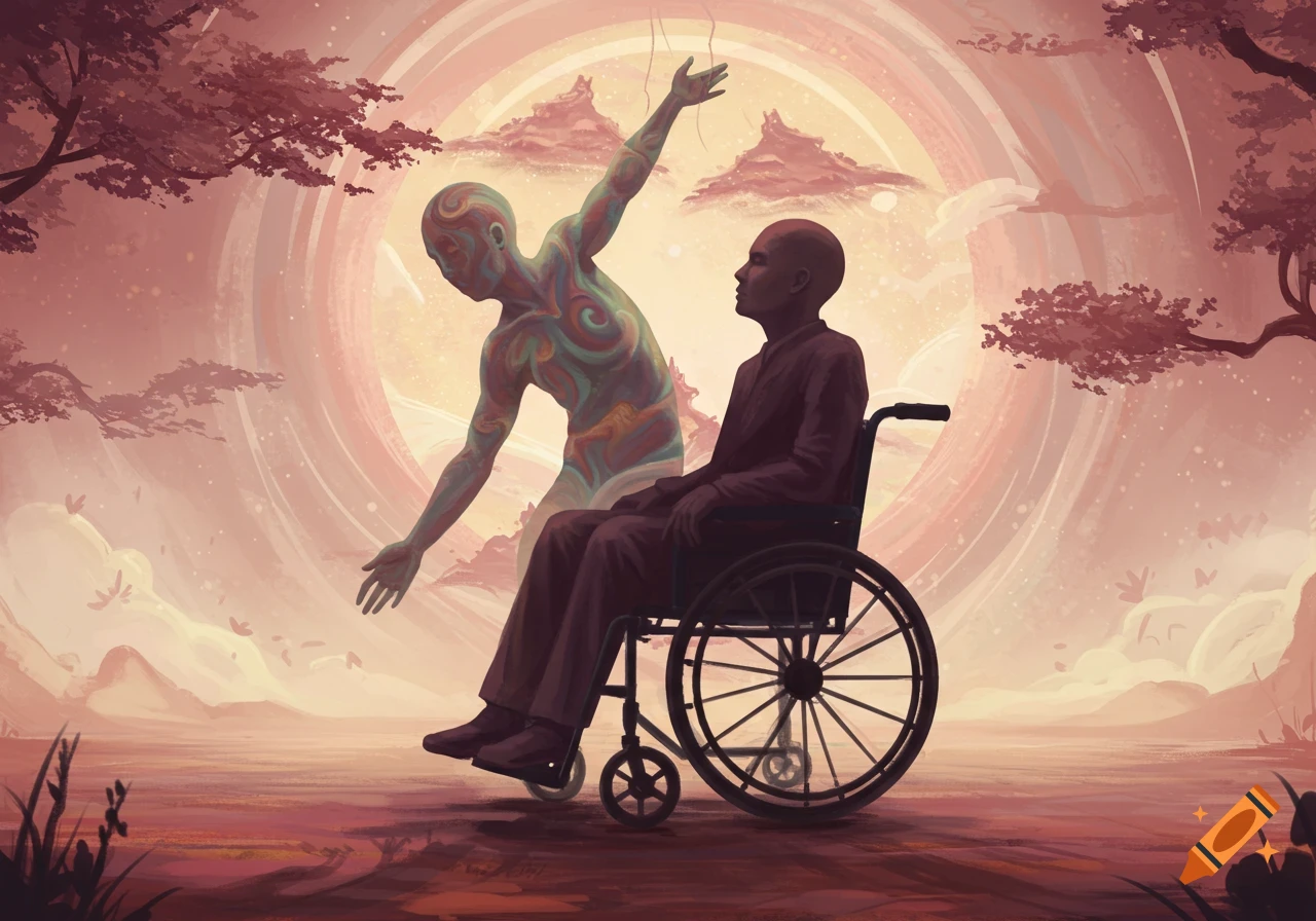 An abstract illustration of a person in a wheelchair beside a colorful, spiritual figure in a dreamy landscape.