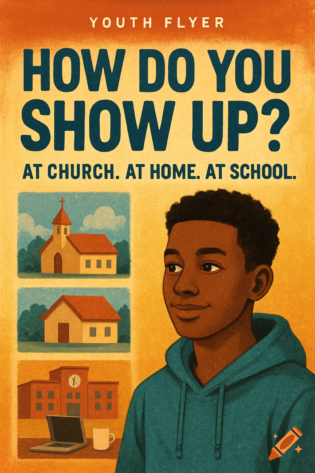 Youth flyer with illustration of smiling person, church, house, school, and text.