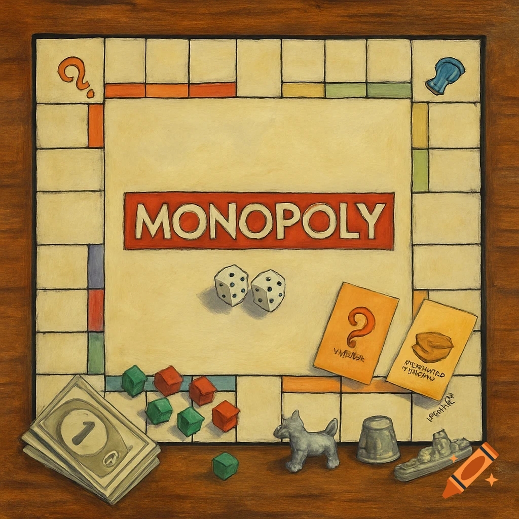 A Monopoly board with dice, tokens, money, and cards on a wooden surface.