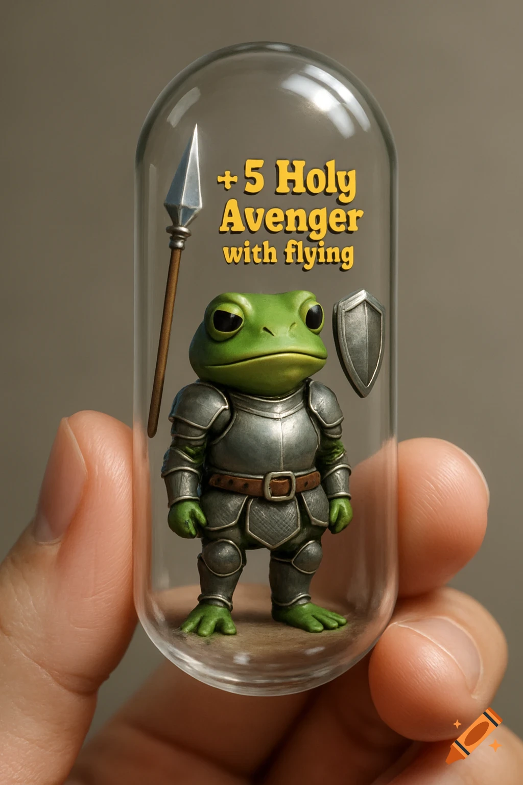 Realistic frog knight miniature in a glass capsule held by fingers, with floating text