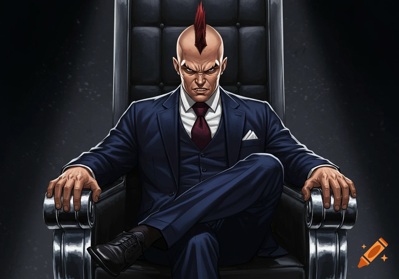 A stylized illustration of a man with a mohawk, wearing a suit, sitting on a large black throne.