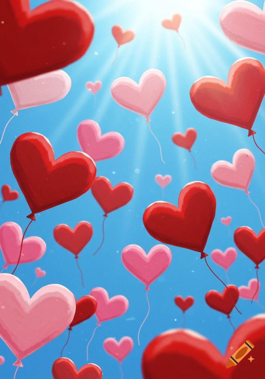 Red and pink heart-shaped balloons floating in a bright blue sky with sunrays.
