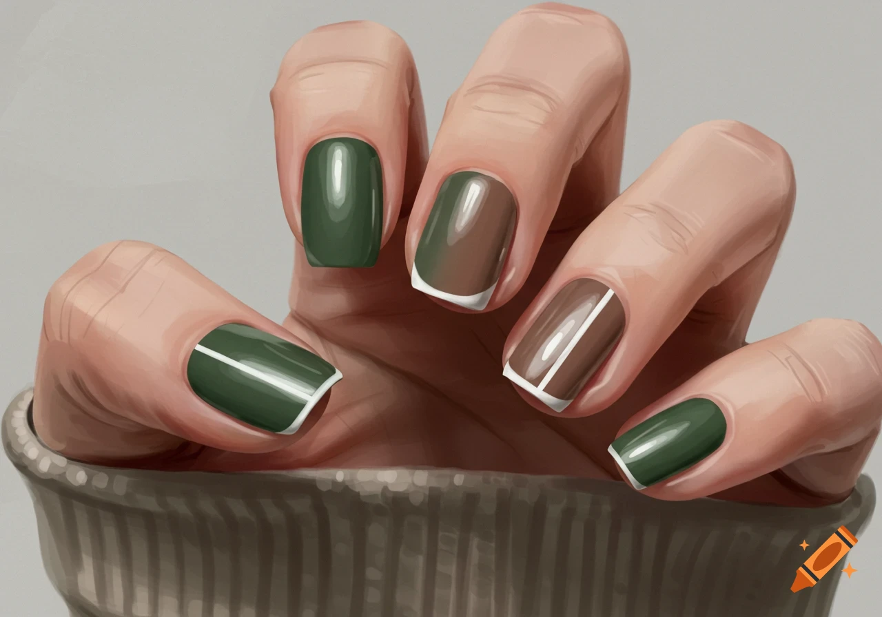 Hand with green and brown fingernails with white tips and stripes.