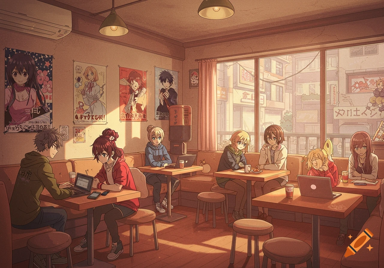 Anime style illustration of people in a lofi coffee shop, sitting at tables with laptops and drinks.