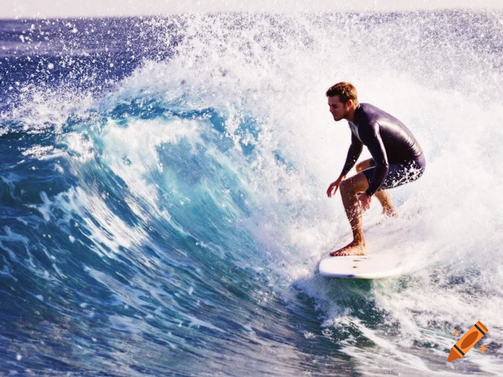 A man surfs on a large wave.