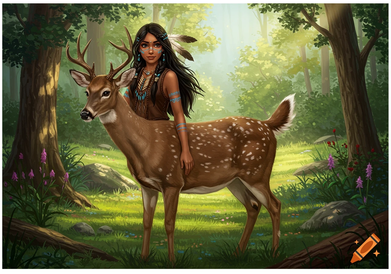 A deer centaur figure with traditional markings in a sunny forest.