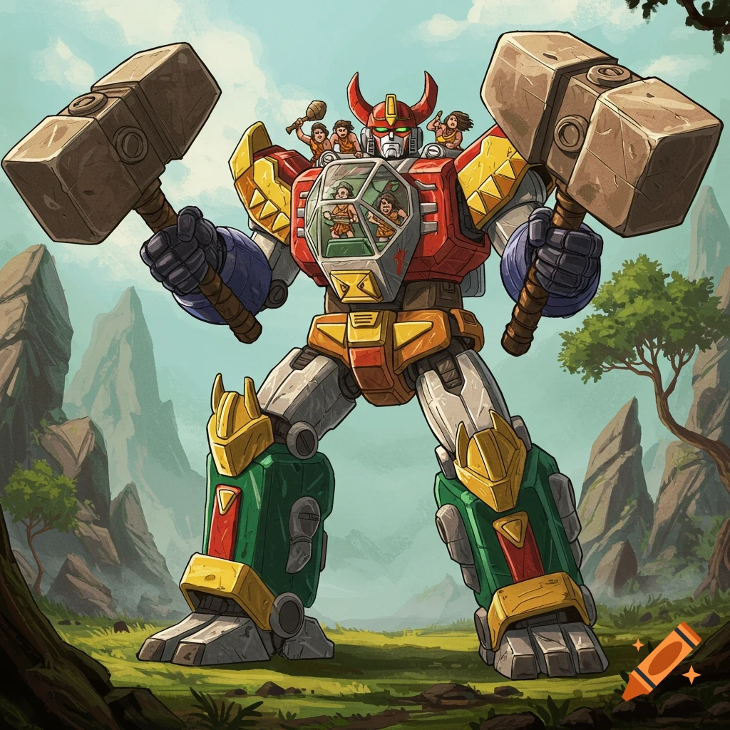 Giant robot with hammers holding cavemen in a prehistoric valley.