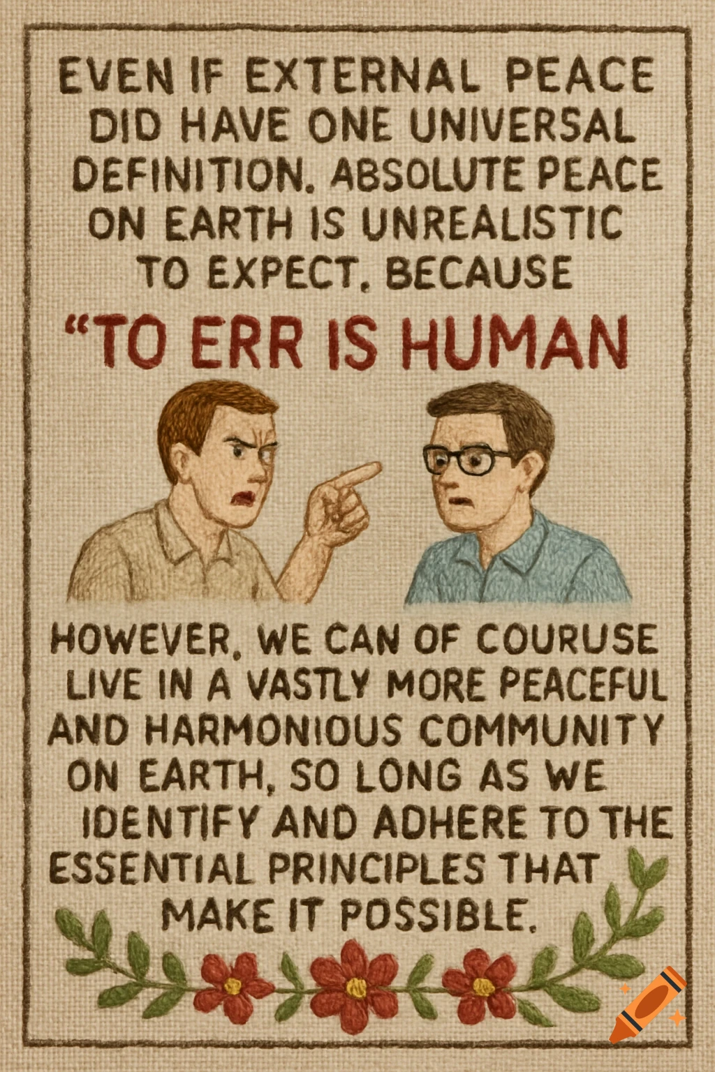 Embroidery style image with text quote and illustrations of two men.