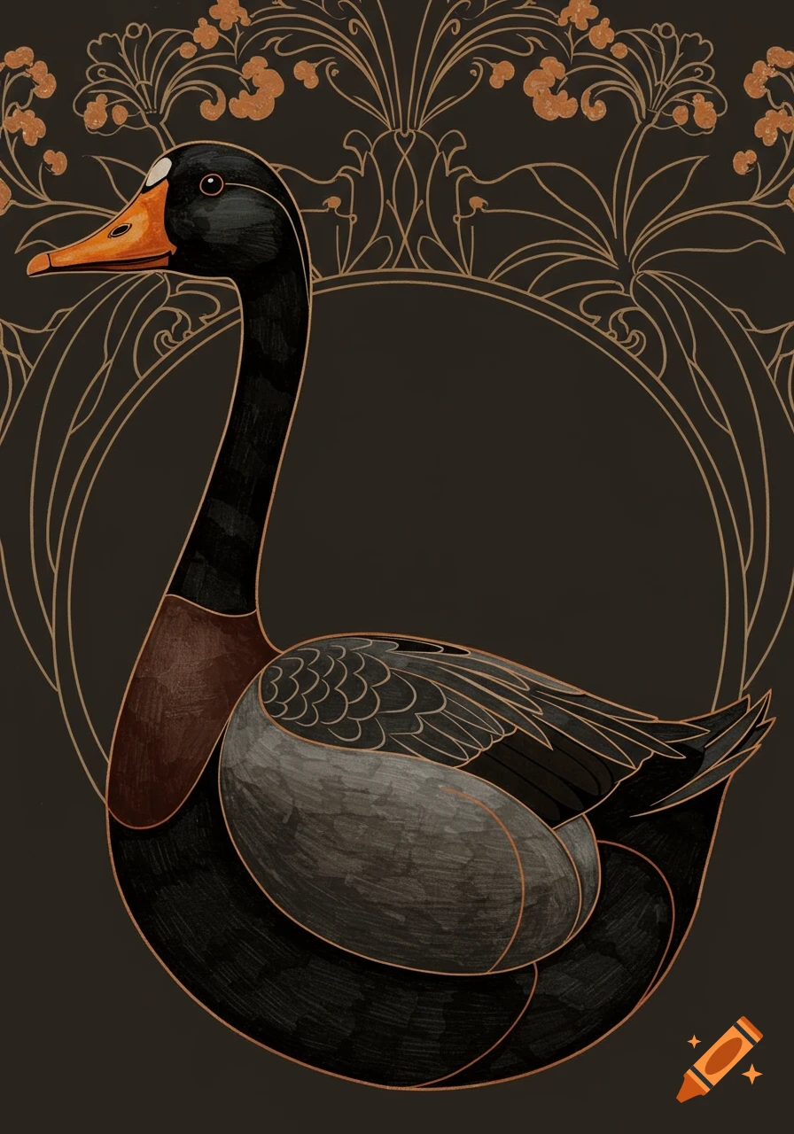 A stylized black goose in Art Nouveau style with an ornamental border.