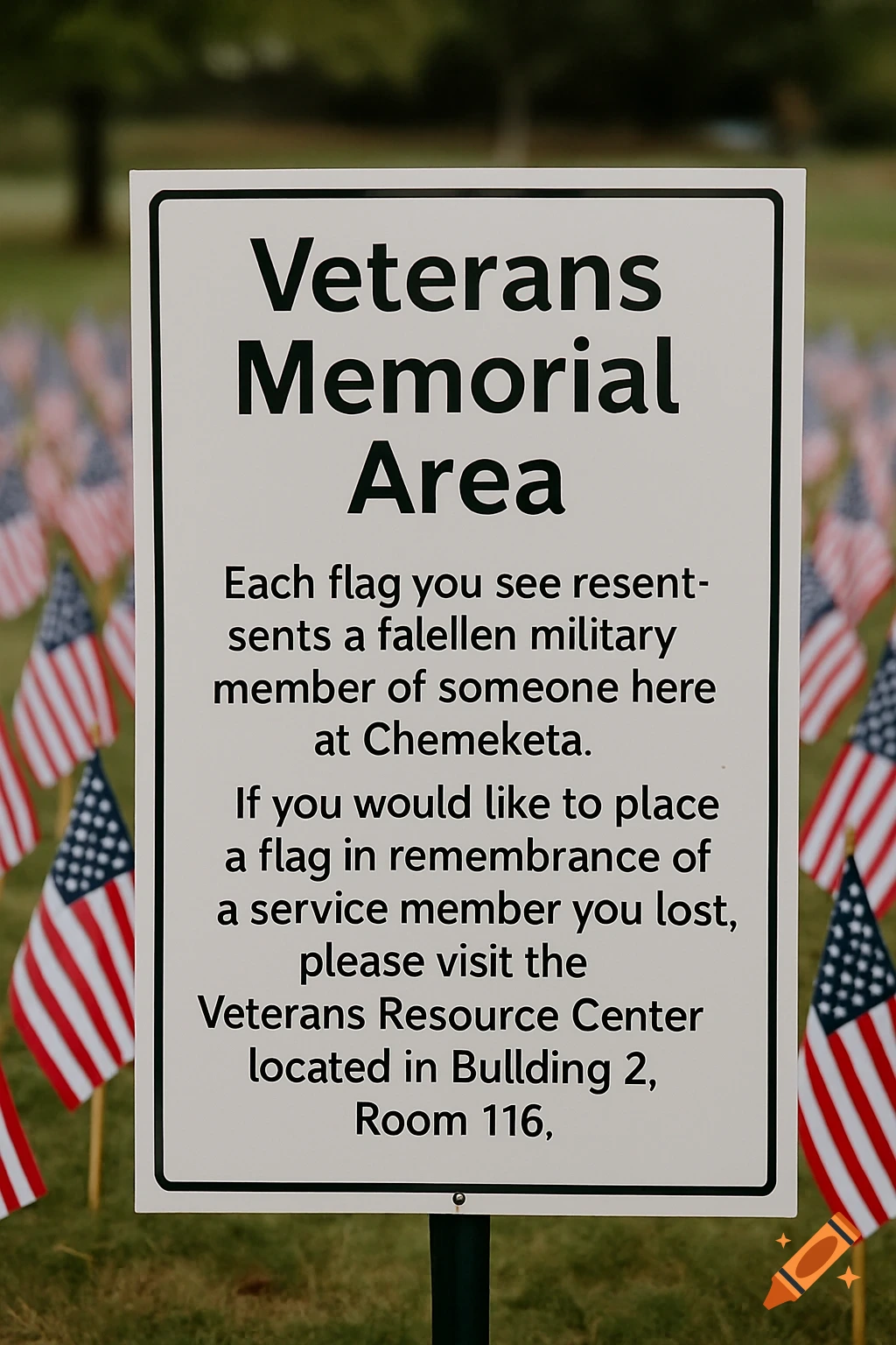 A sign marking the Veterans Memorial Area is surrounded by dozens of small American flags planted in the grass.