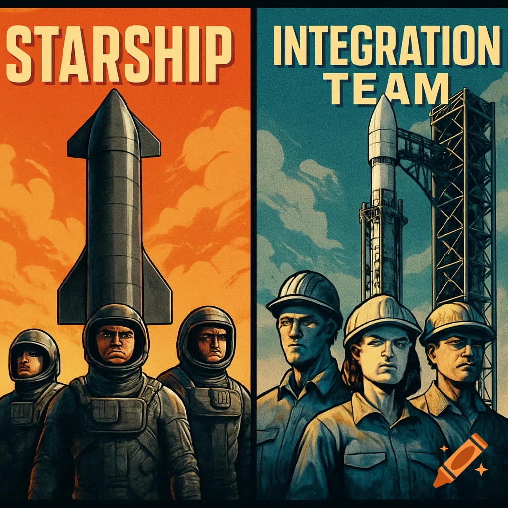 Split poster: Starship rocket, astronauts, orange sky (left). Smaller rocket, tower, workers, blue sky (right). Text: STARSHIP, INTEGRATION TEAM.