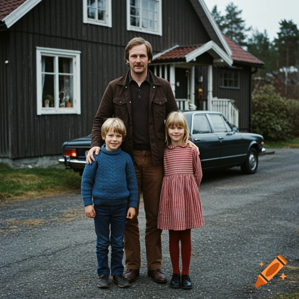 A man stands outside a house with a young boy and girl in a 1980s family photo.