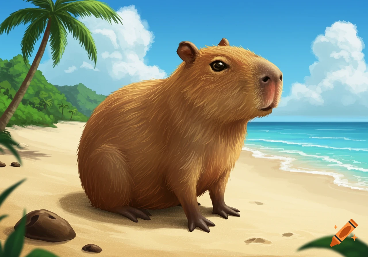 A capybara sits on a sandy tropical beach illustration