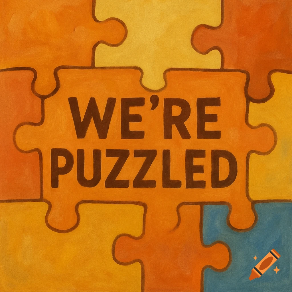 A painting of connecting puzzle pieces in shades of orange and yellow, with a central orange piece reading "WE'RE PUZZLED".