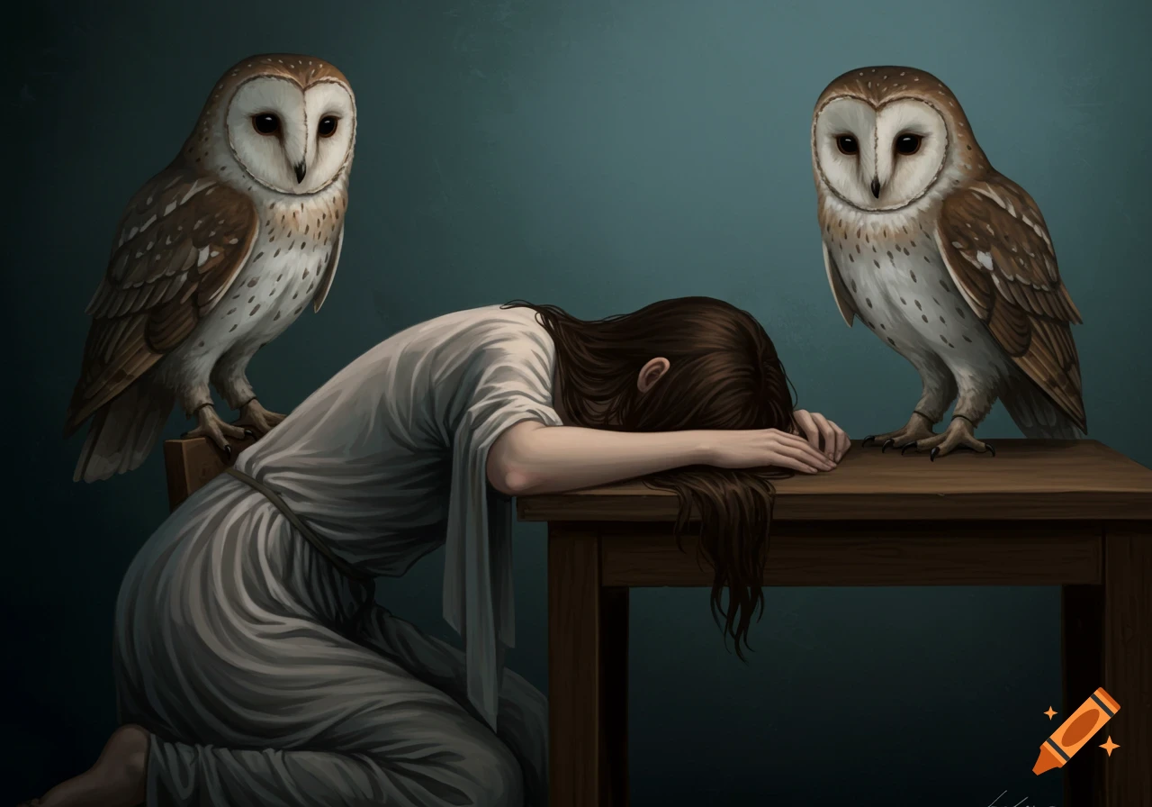 A woman lies facedown on a table between two barn owls in a digital painting.