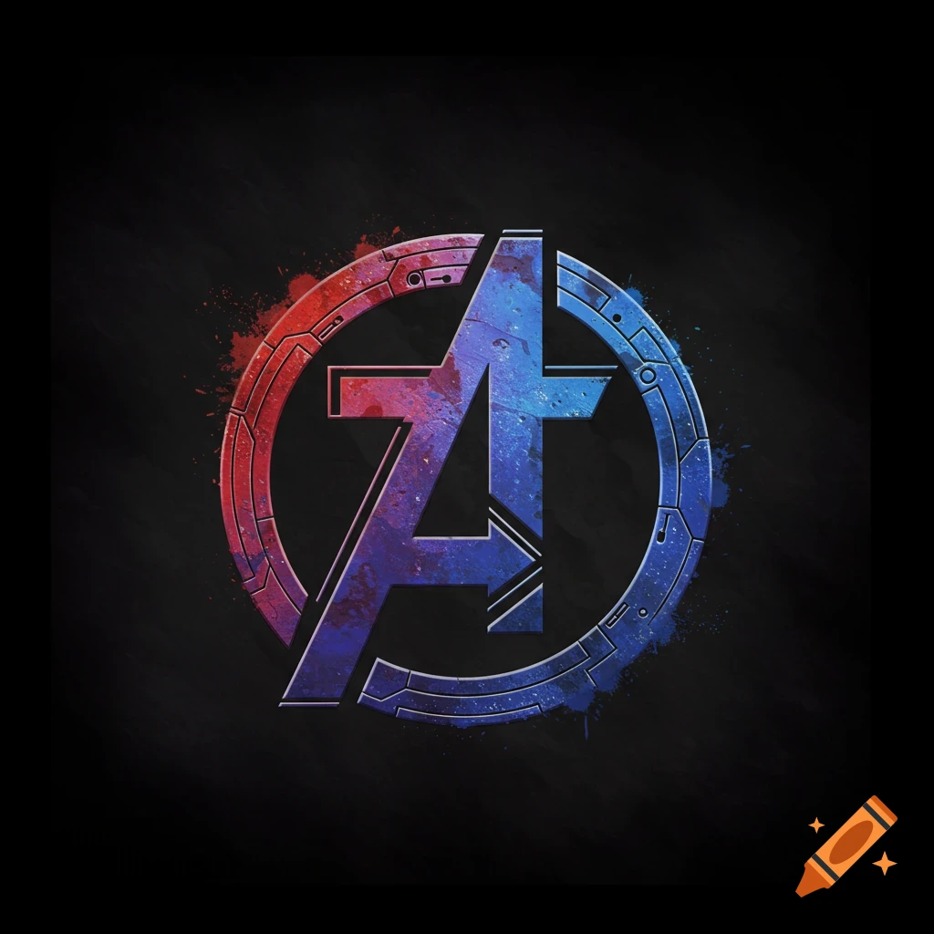 Grunge style Avengers logo with a T, split red and blue on a dark background.