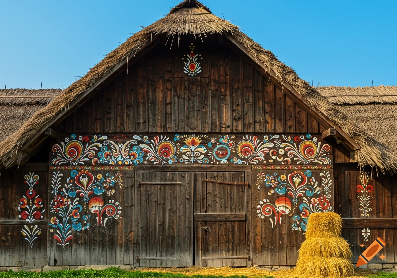 A wooden barn decorated with colorful Hungarian folk patterns, with a thatched roof and hay bales in front.