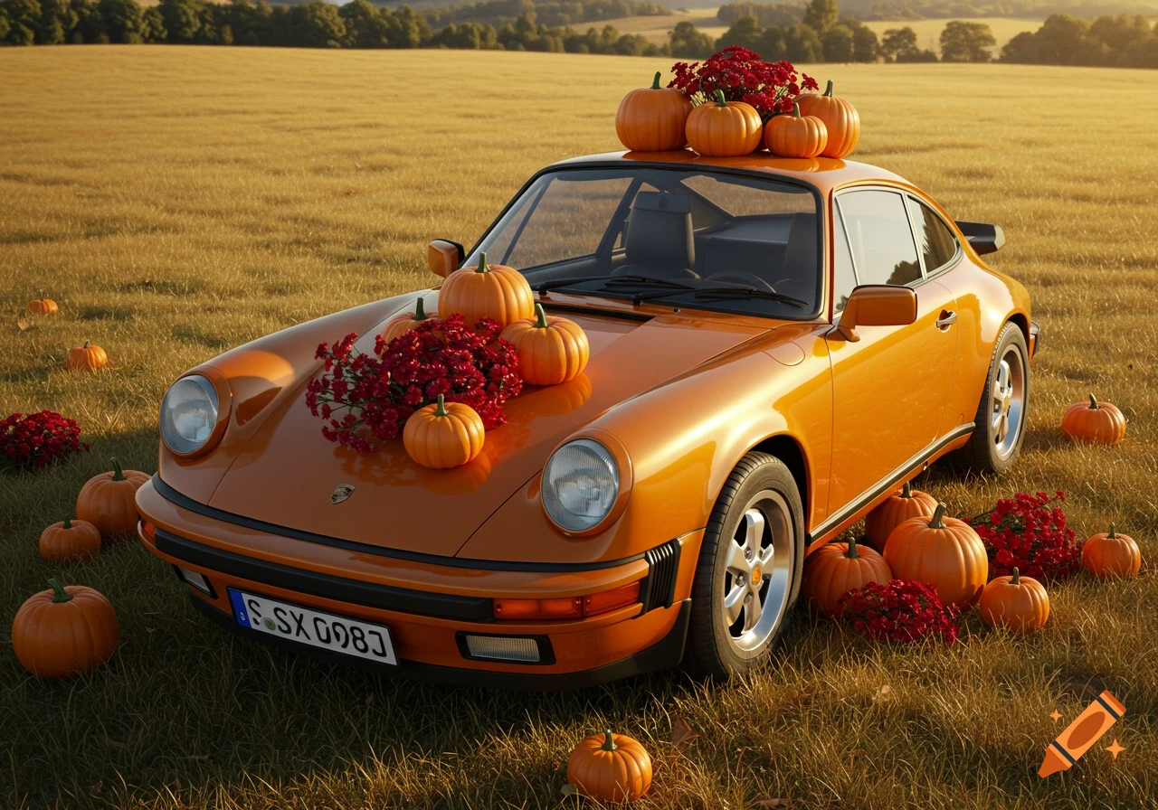 Photorealistic orange Porsche car decorated with pumpkins and flowers in a grassy field.