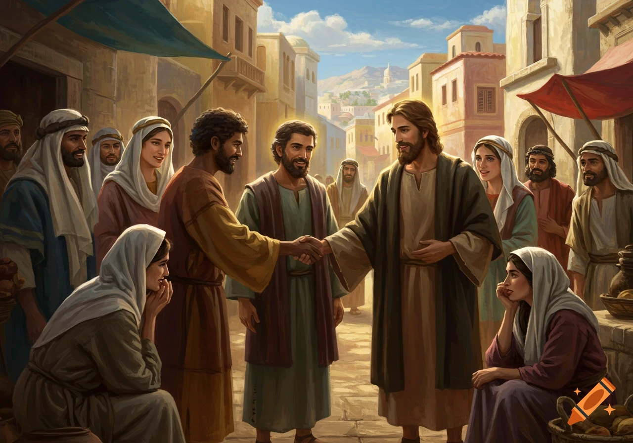 Jesus shakes hands with a man in a street scene, surrounded by people, in a painting style.