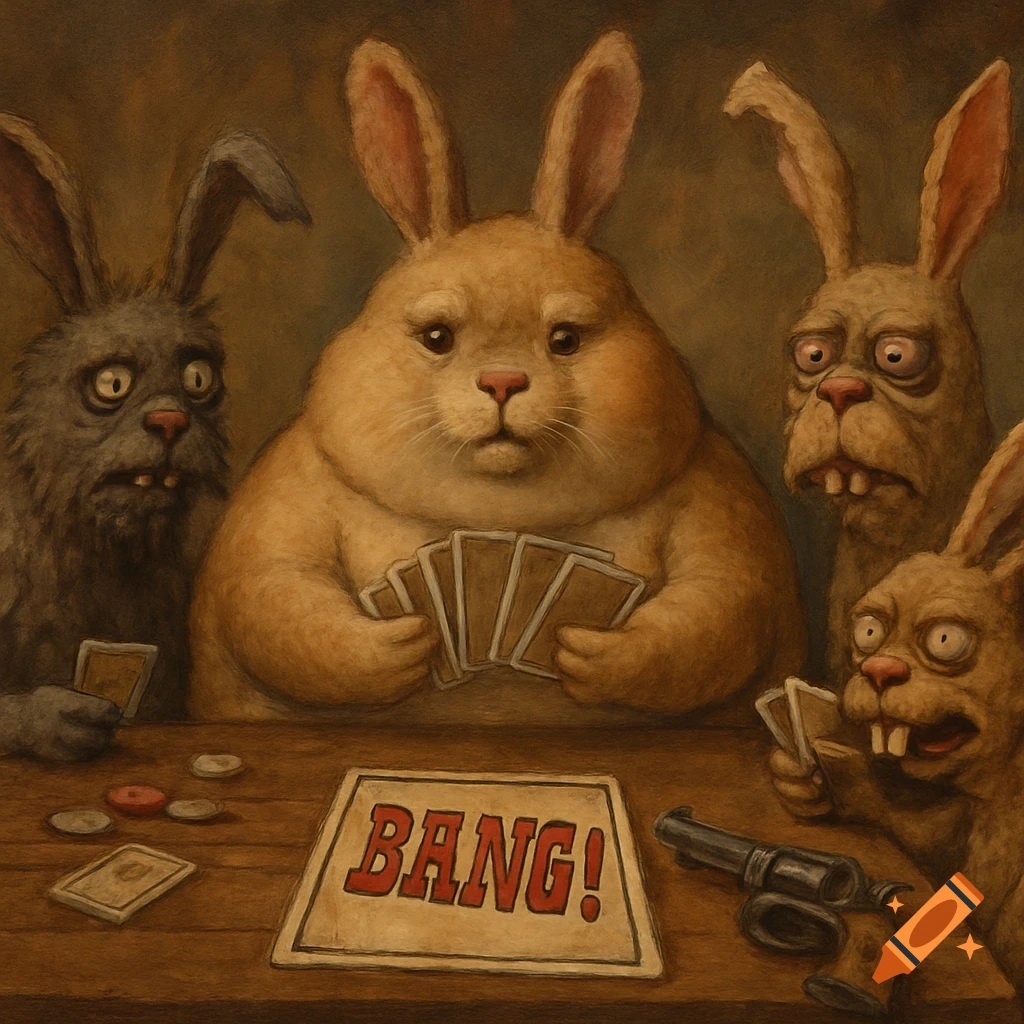 Stylized painting of several grotesque rabbits playing a card game, with a rabbit holding a gun and a card labeled 'BANG!'.