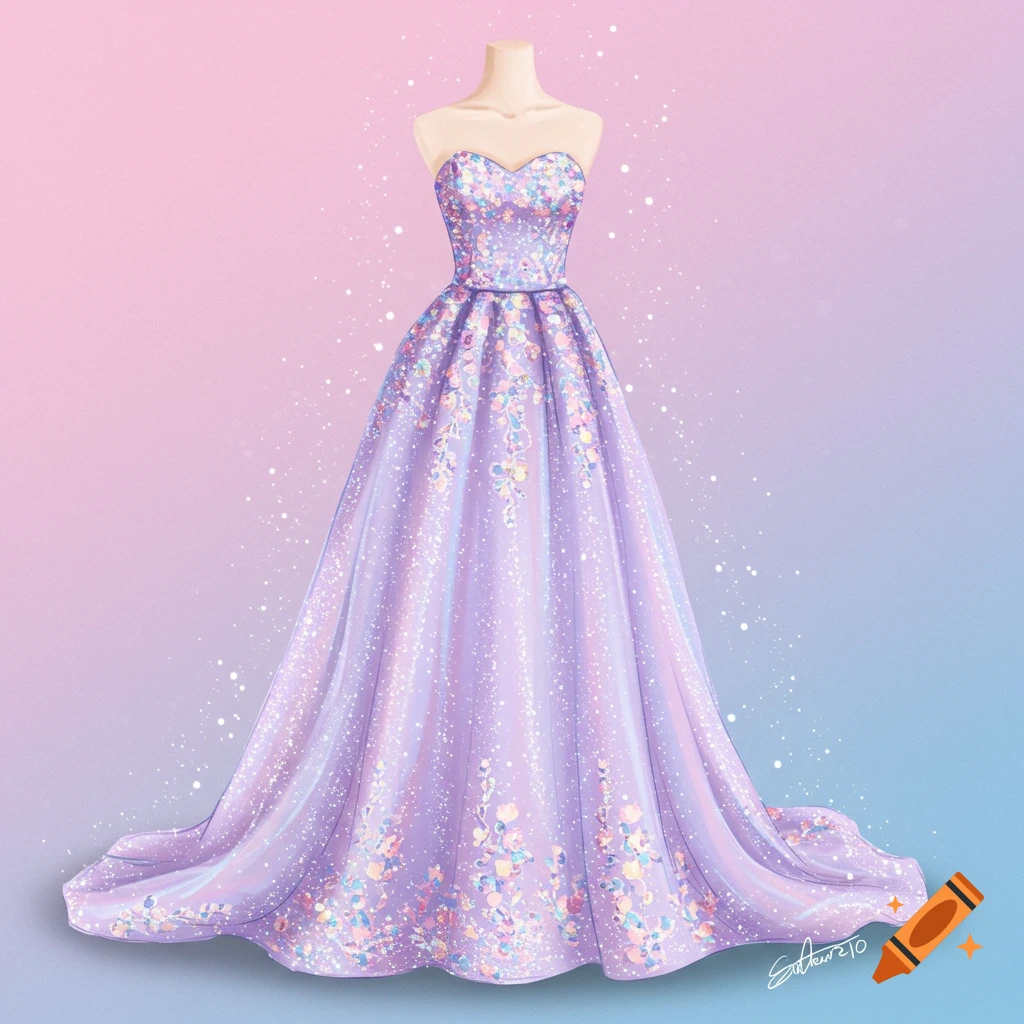 Sparkly purple and iridescent strapless dress on a mannequin.