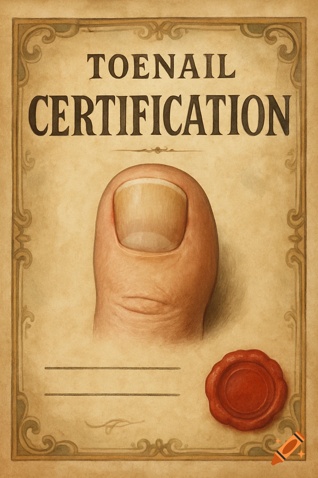 A certification document with 'TOENAIL CERTIFICATION' text and a large image of a human toe, styled like an old paper award.