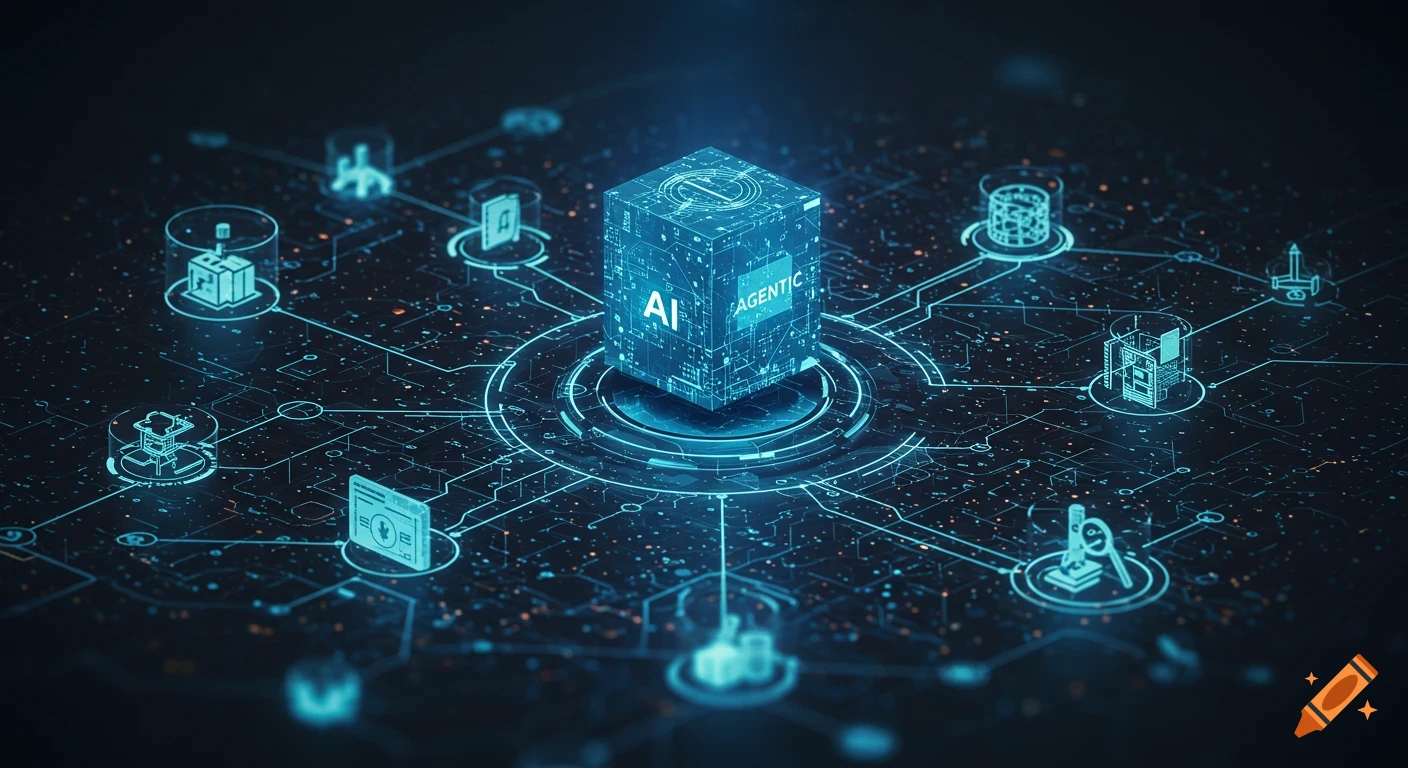 Futuristic digital network with a glowing AI cube at the center.
