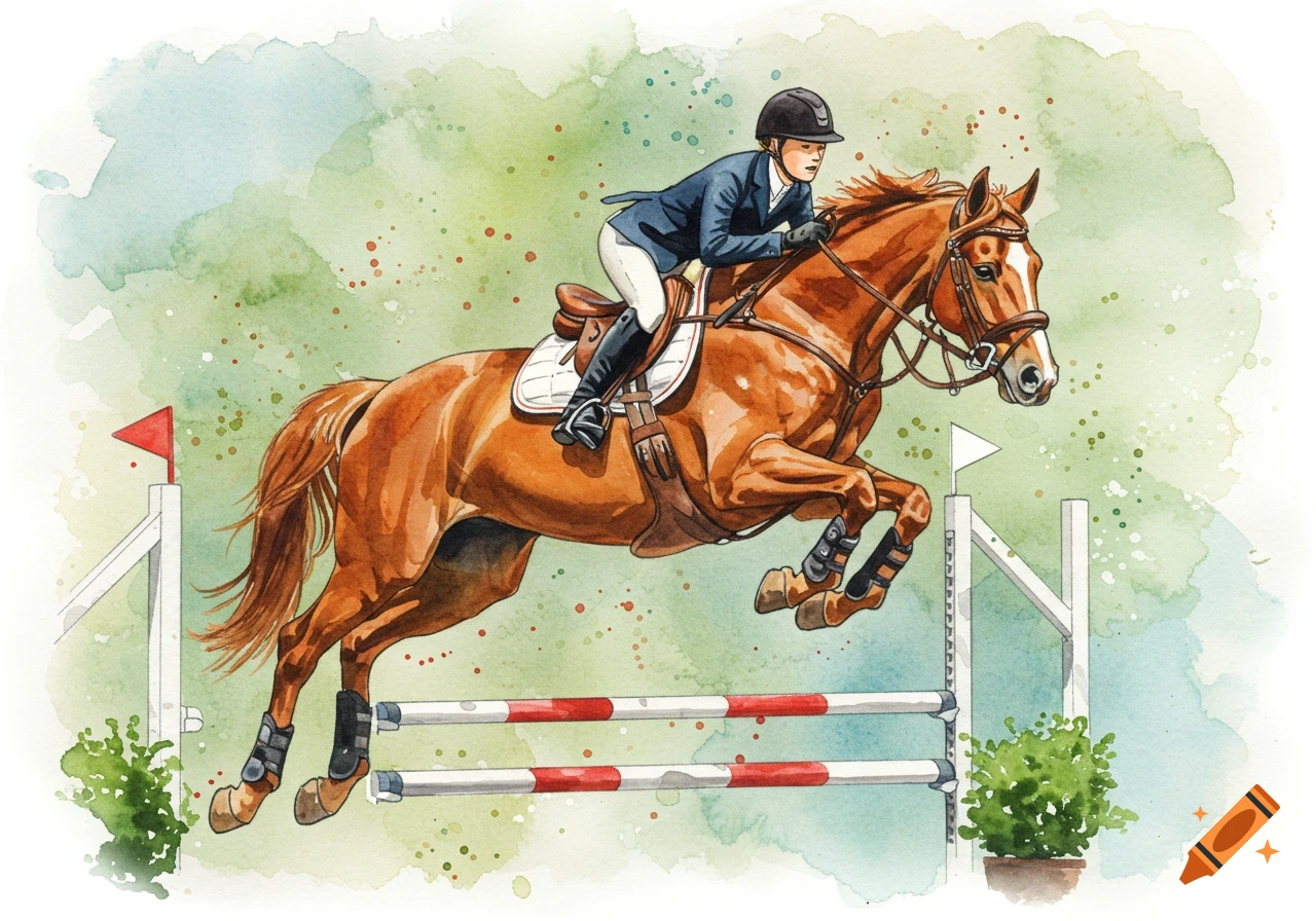 Watercolor of a rider on a horse jumping a fence