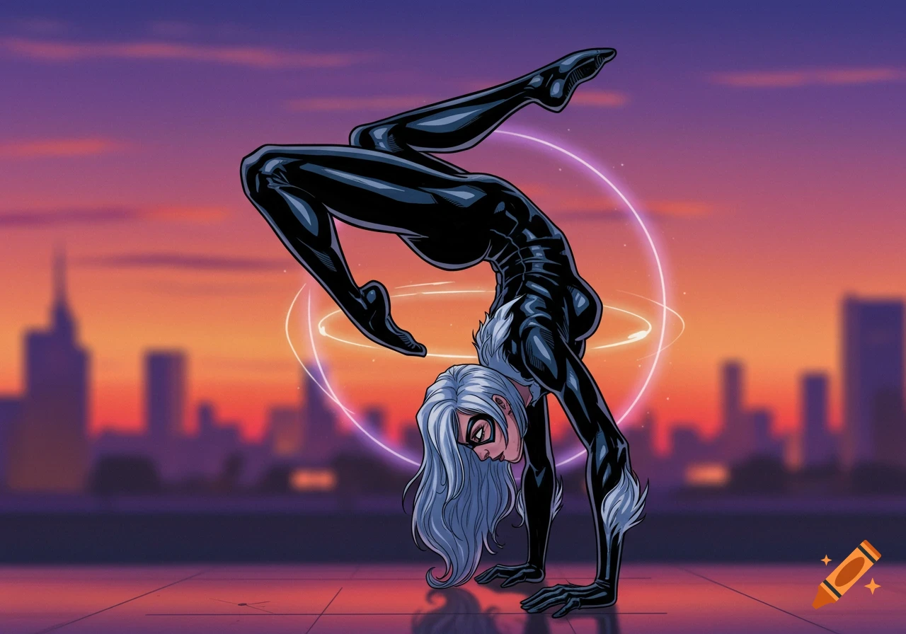 Black Cat doing a handstand with a city skyline background, comic art style