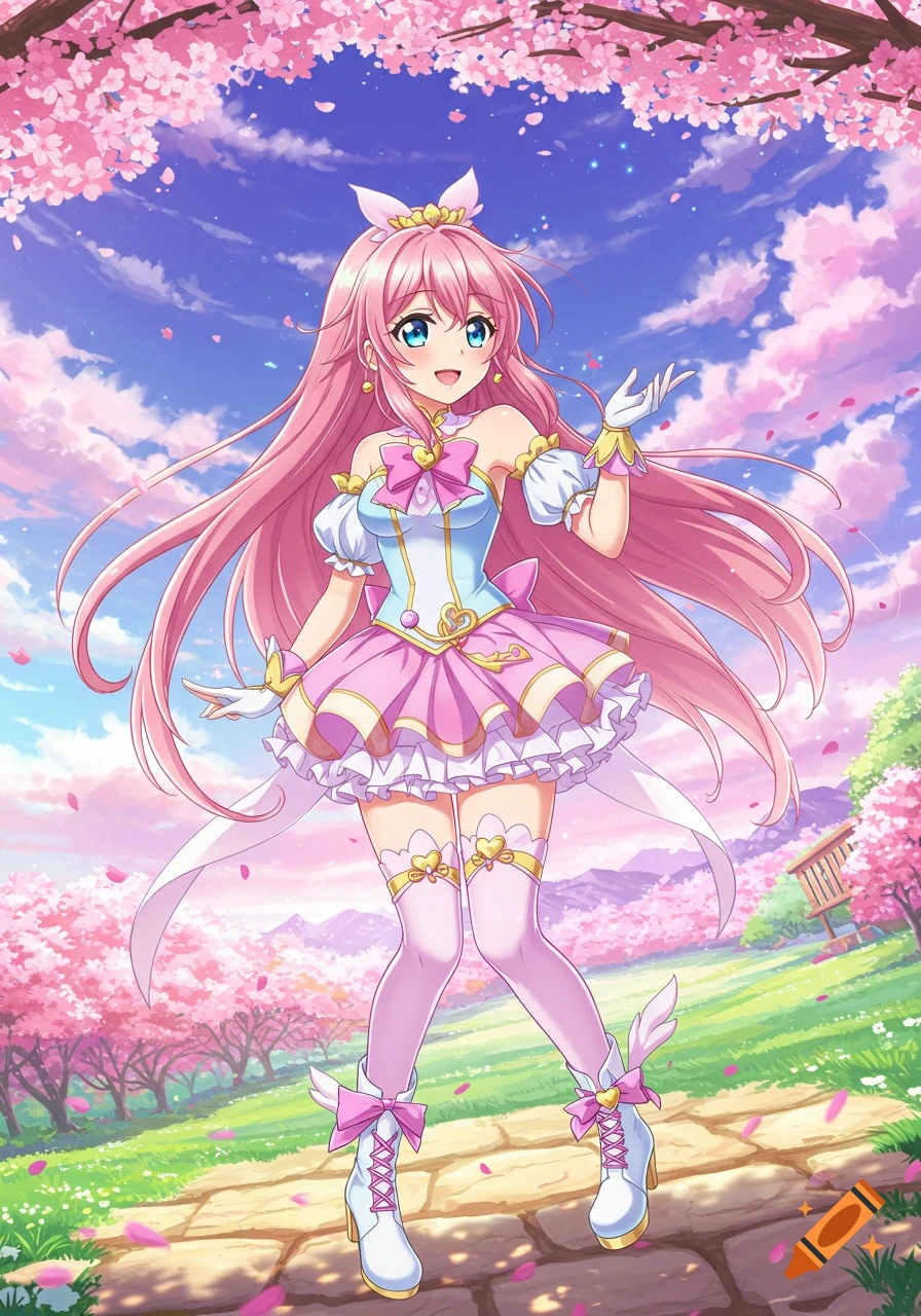 Anime girl with pink hair in a pink and white outfit stands among cherry blossoms.