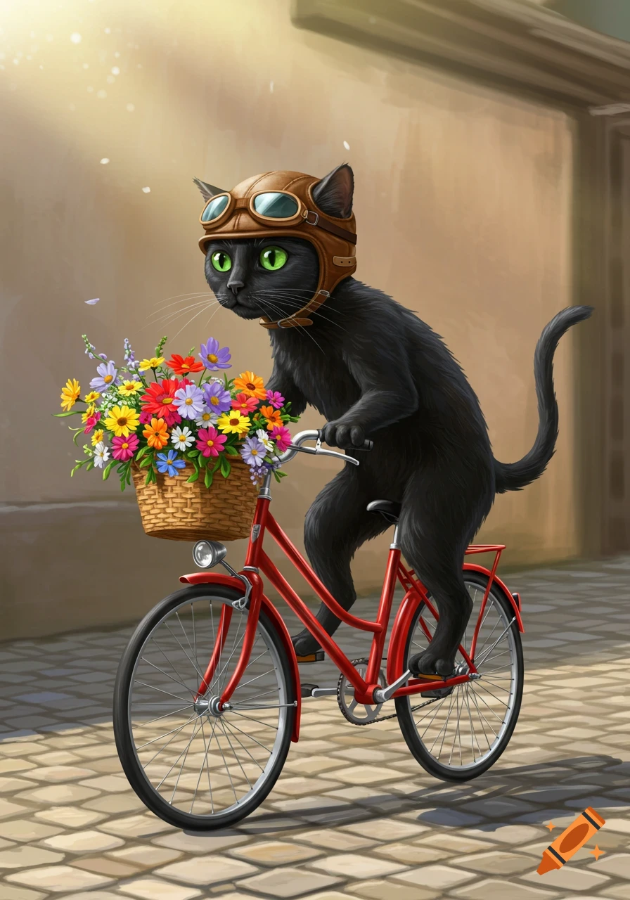A black cat in a pilot helmet rides a red bicycle with a basket of colorful flowers in a painterly style.