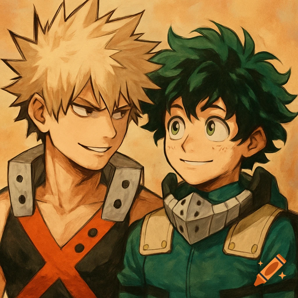 Illustration of anime characters Bakugo and Deku smiling