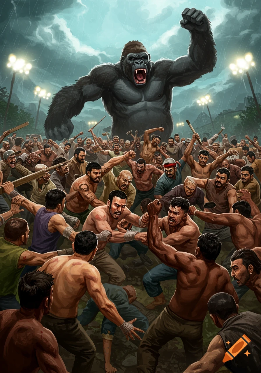 Illustration of a giant gorilla towering over a brawl of men in a stormy arena