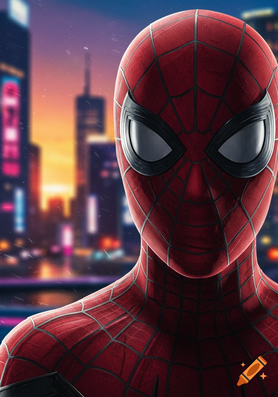 Close-up of Spider-Man in front of a blurry cityscape at dusk