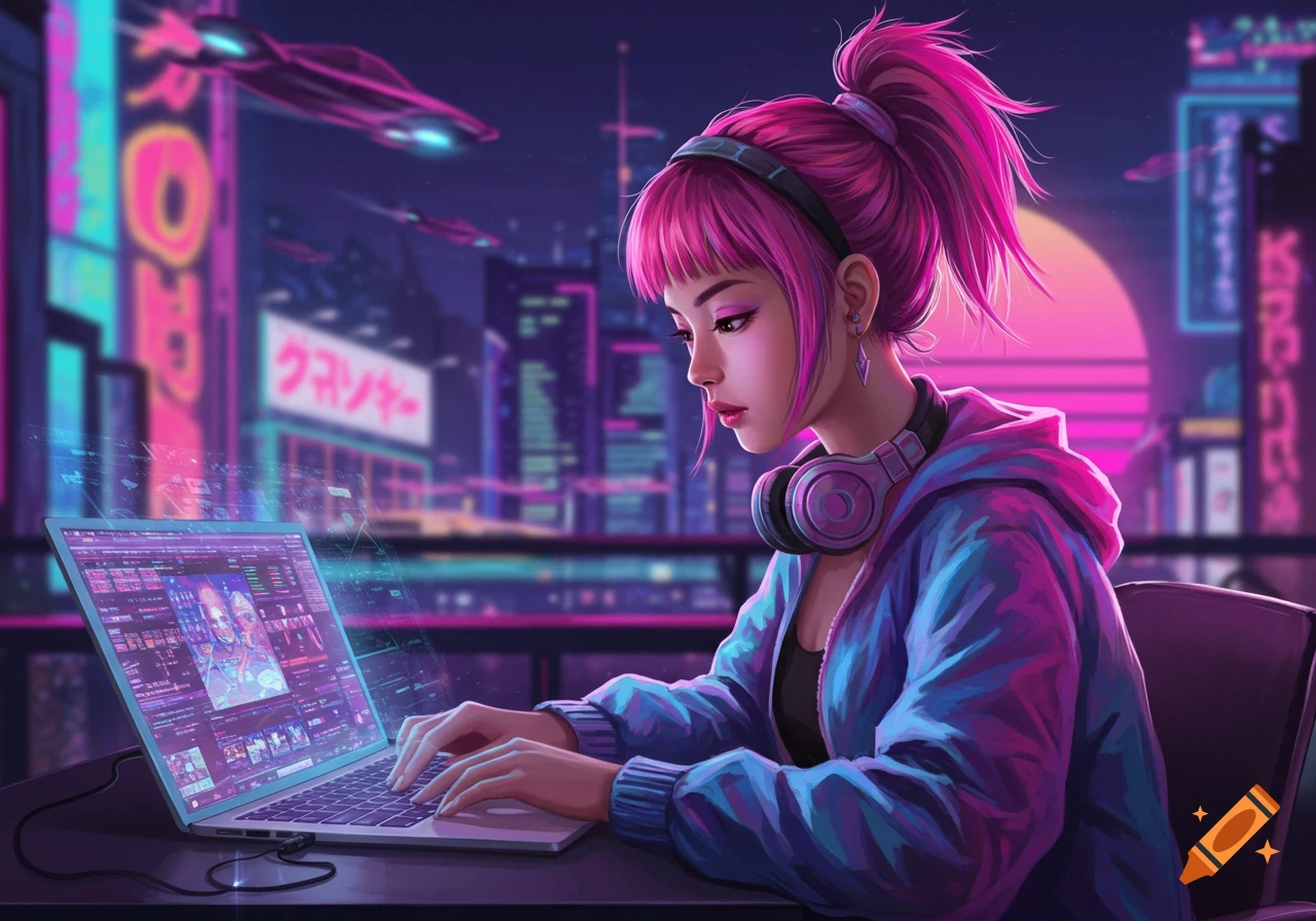 A girl with pink hair and headphones works on a laptop in a cyberpunk city with neon lights and flying cars.