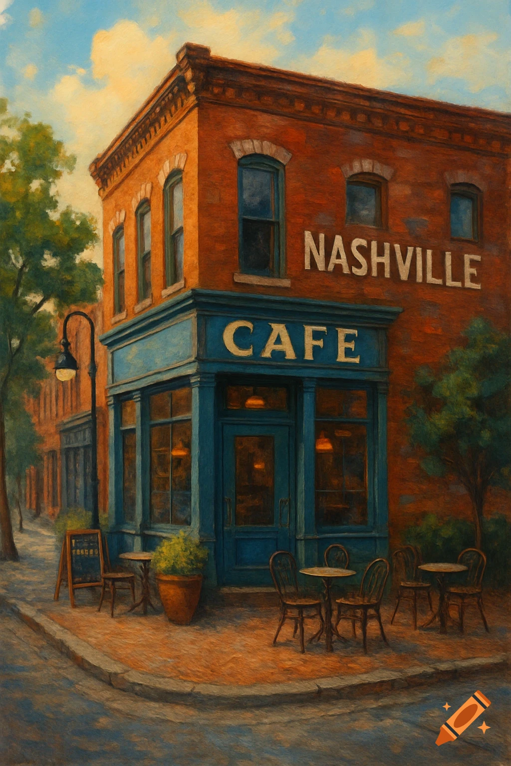 Painting of a brick cafe on a street corner with 'NASHVILLE CAFE' signs and outdoor seating.