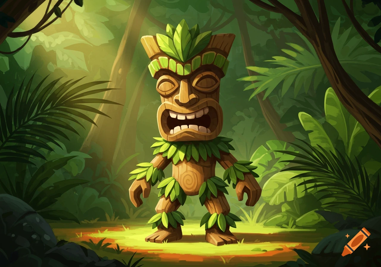 Cartoon tiki statue with leaves standing in a jungle clearing.
