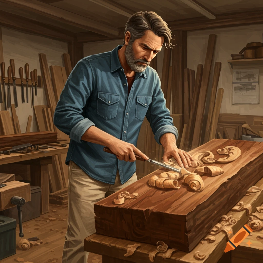 A man carves intricate designs into a large piece of wood in a workshop.