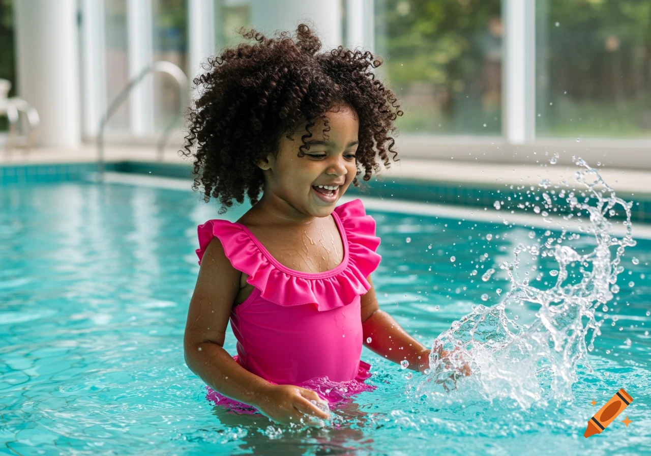 A smiling child plays in a swimming pool, splashing water.