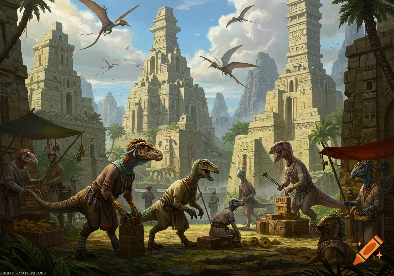 Anthropomorphic dinosaurs in an ancient city market selling goods.