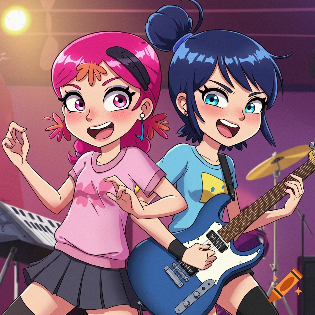 Two anime-style girls playing music on stage, one with pink hair and a keyboard, one with blue hair and a guitar.