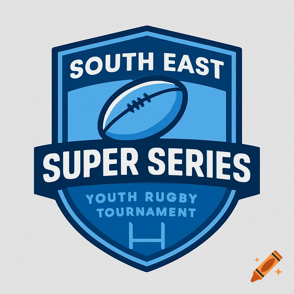 Blue shield logo for South East Super Series Youth Rugby Tournament with a rugby ball and posts.