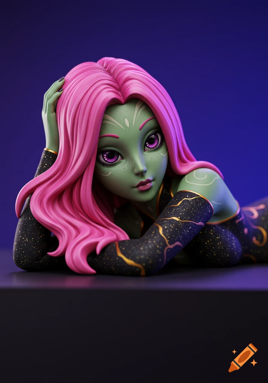 Stylized anime figurine of an alien woman with pink hair and green skin, lying down.