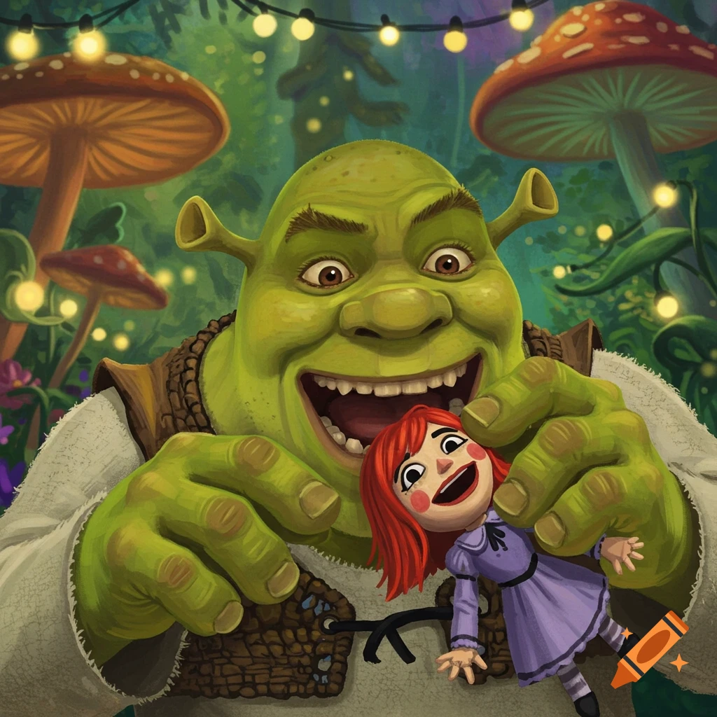 Shrek holding a puppet in a fantasy forest with mushrooms and lights. Cartoon illustration.