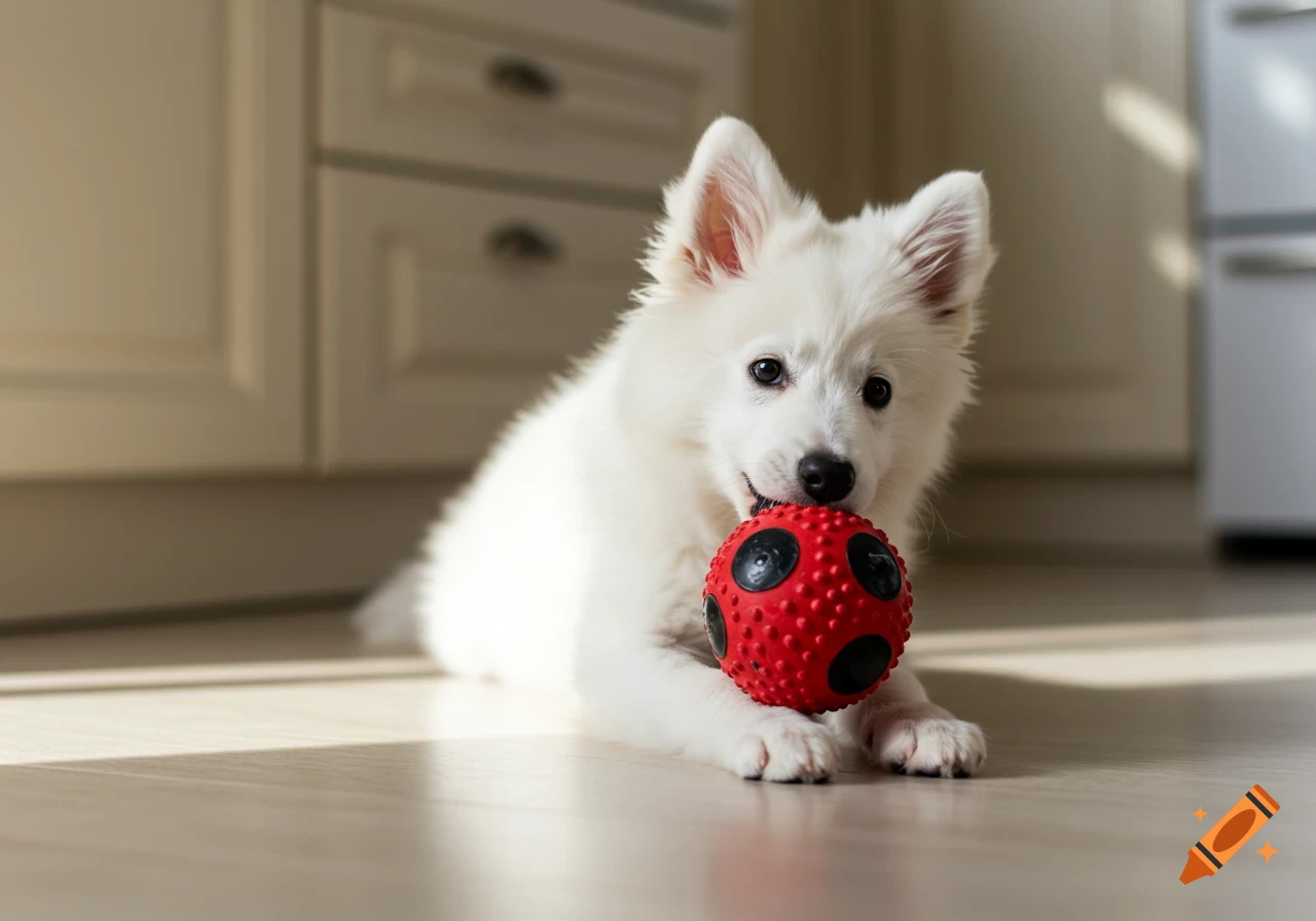 White puppy with a red and black ball in its mouth sits on a wooden floor.