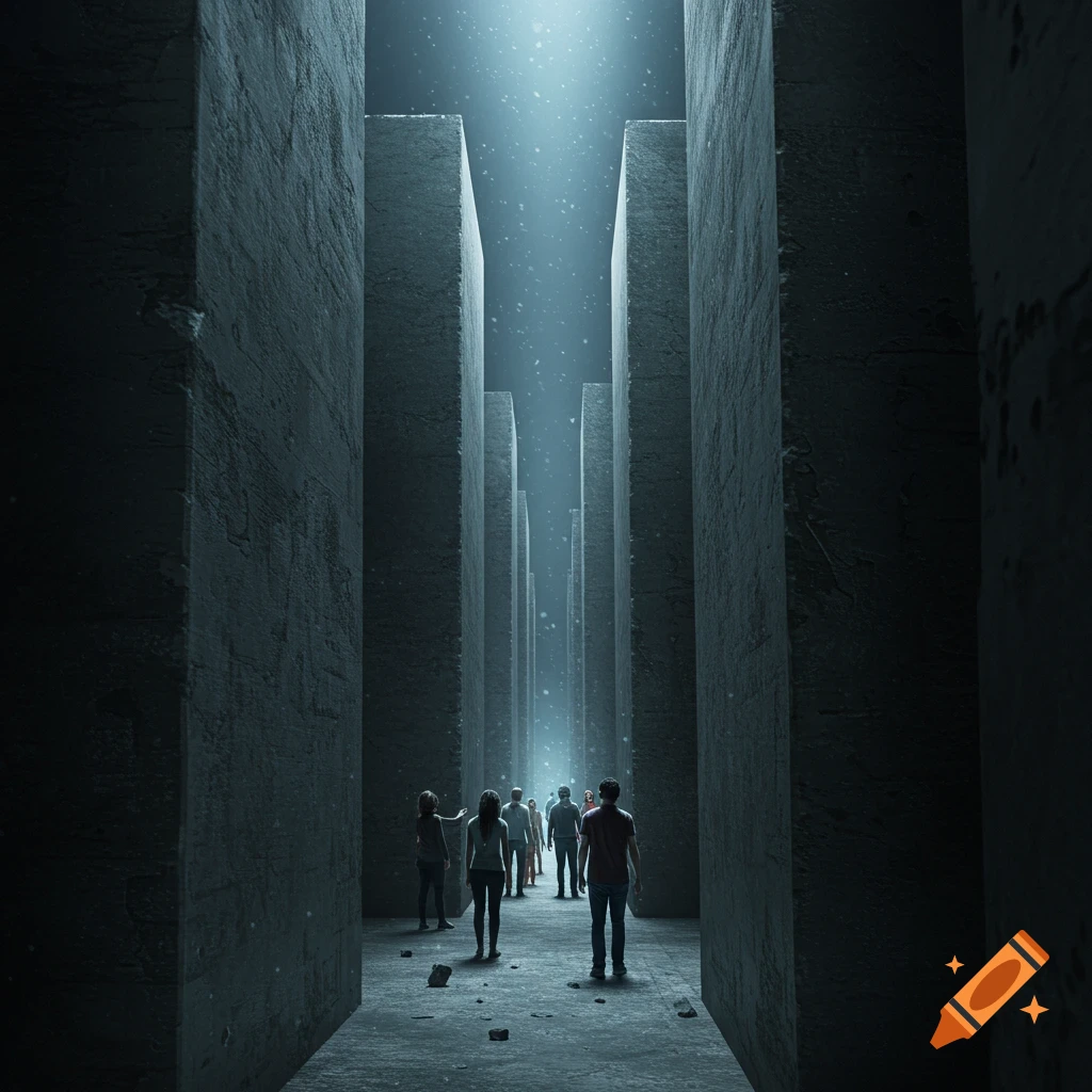 People standing in a dark, narrow concrete maze with light shining from above.
