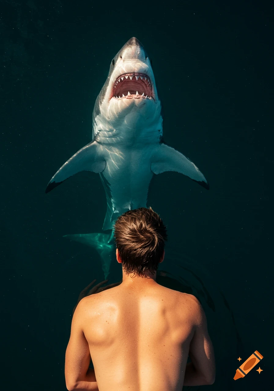 View from above of a person's back looking down into dark water where a great white shark swims up towards them.